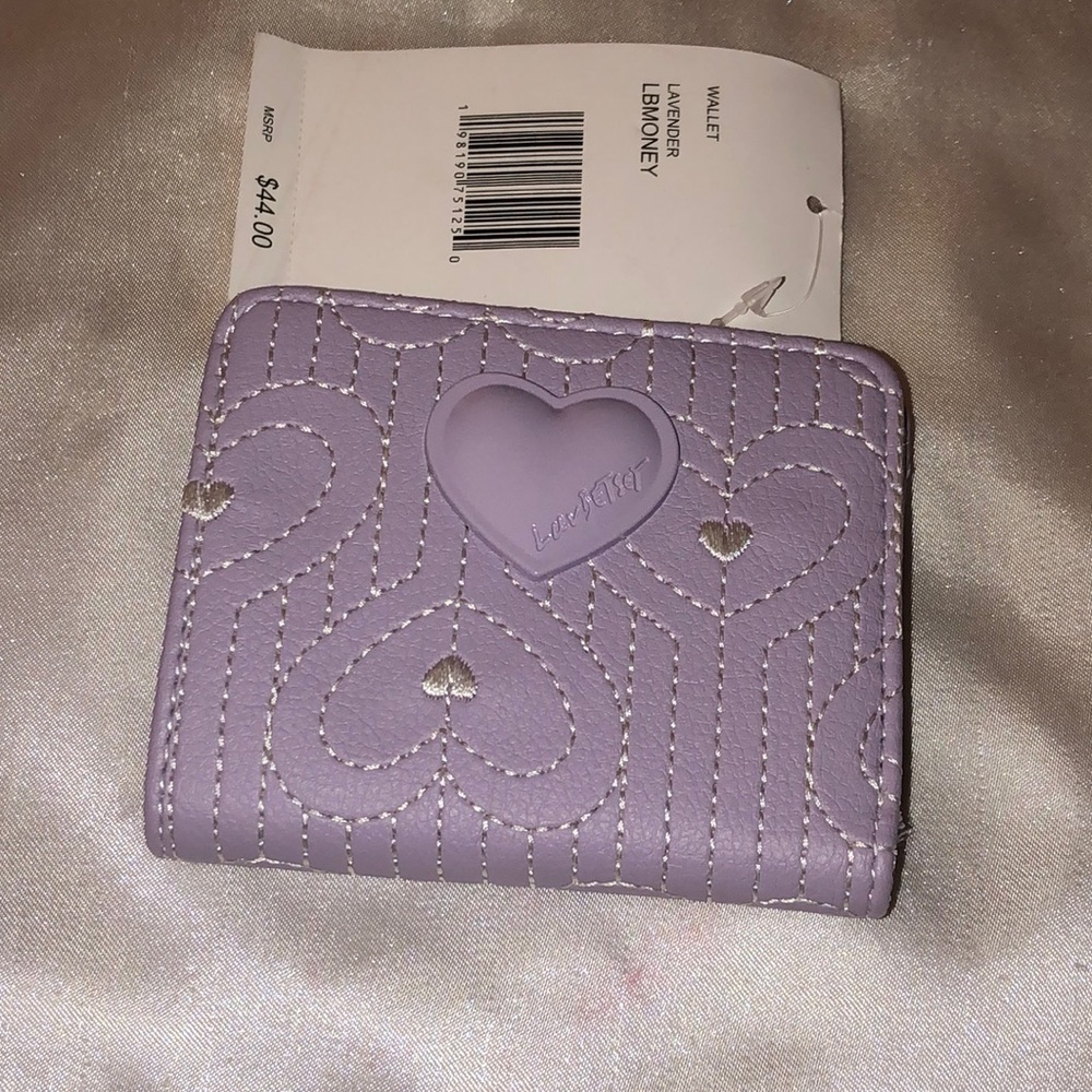 Betsey Johnson Luv Betsey Snap Card Wallet Lavender + Silver Embroidered Hearts
